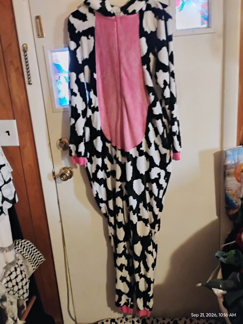 Cow-Print Onesie Pajamas with Pink Front Panel